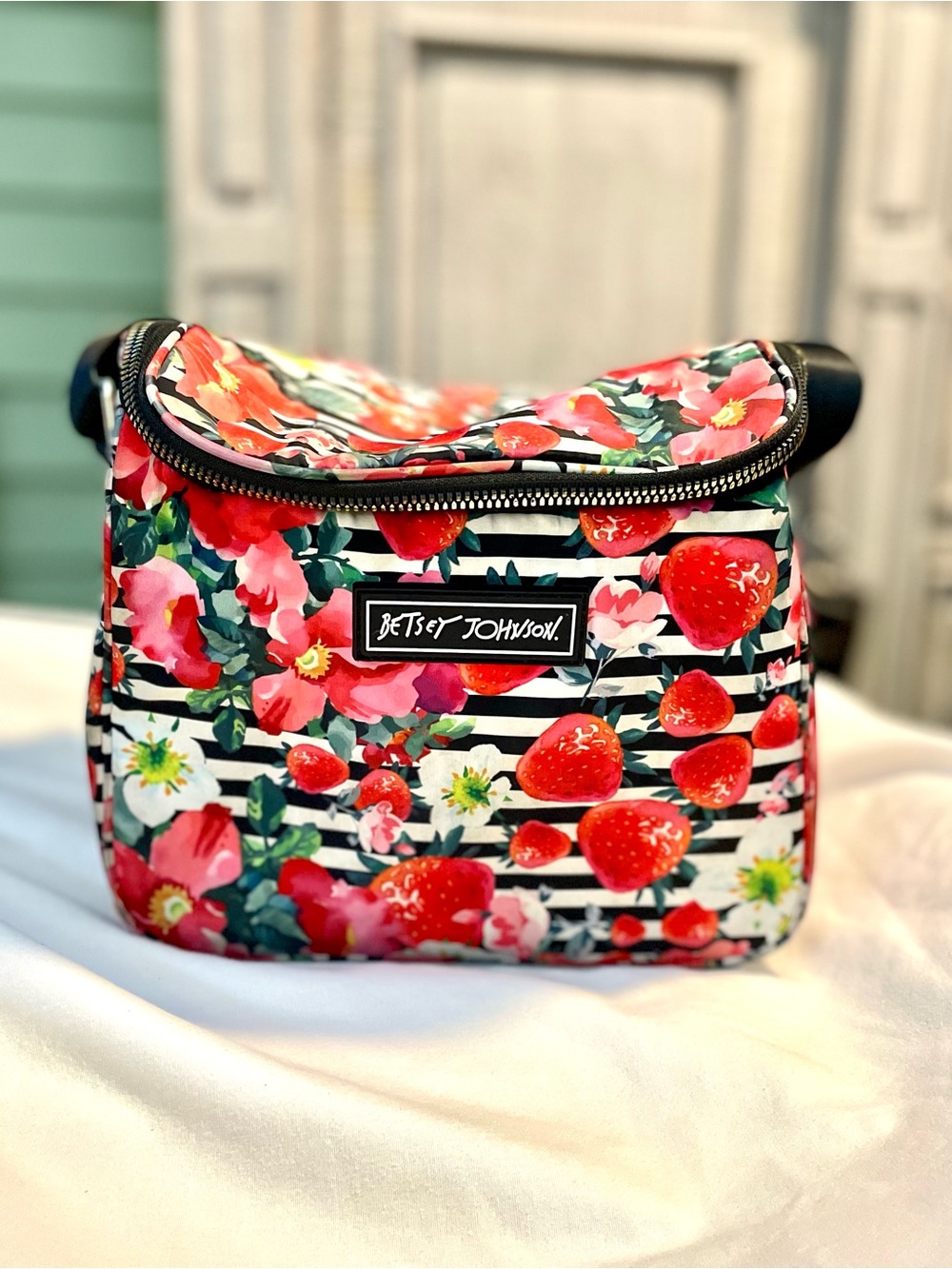 Betsey Johnson Strawberry Floral Striped Insulated Lunch Tote Bag/Cooler
